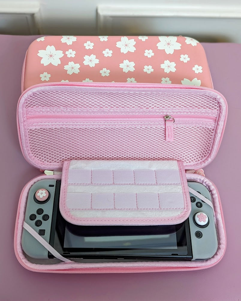 Nintendo Switch Classic and Oled Case - Double Sided Pink and White Sakura Cherry Blossom Carrying Case