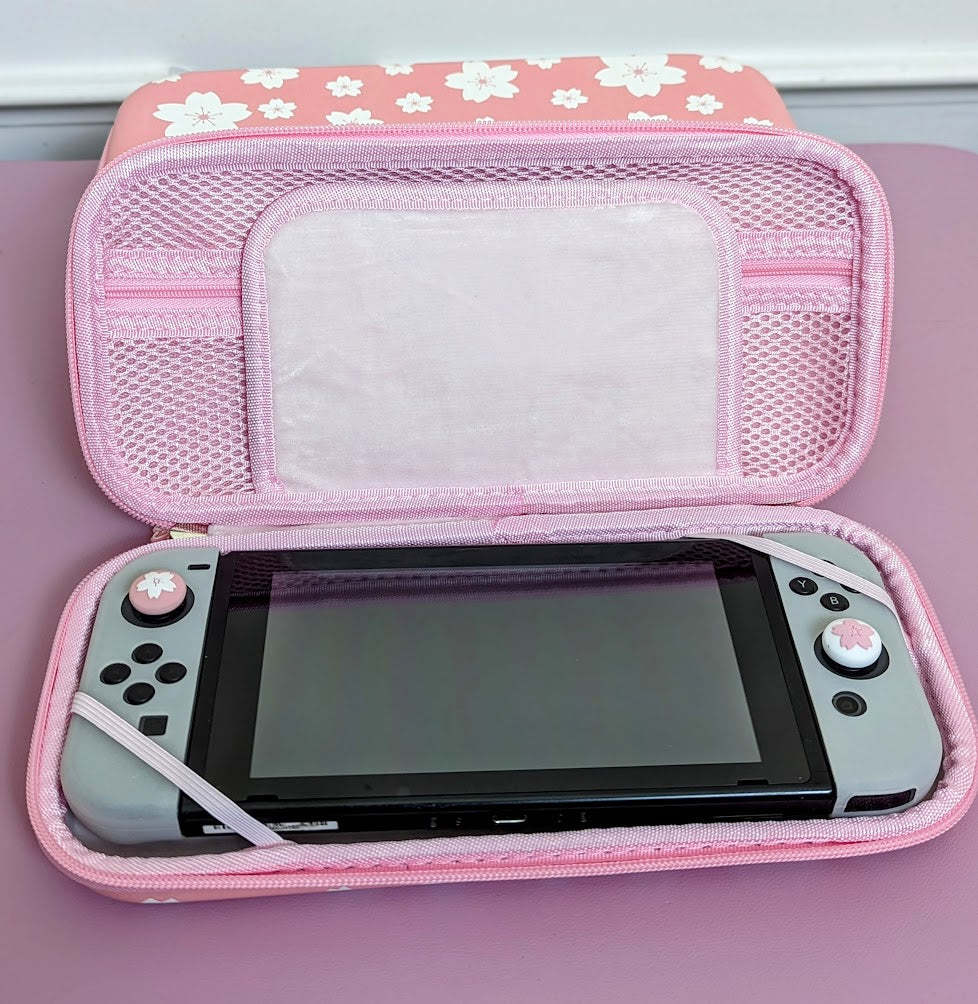 Nintendo Switch Classic and Oled Case - Double Sided Pink and White Sakura Cherry Blossom Carrying Case